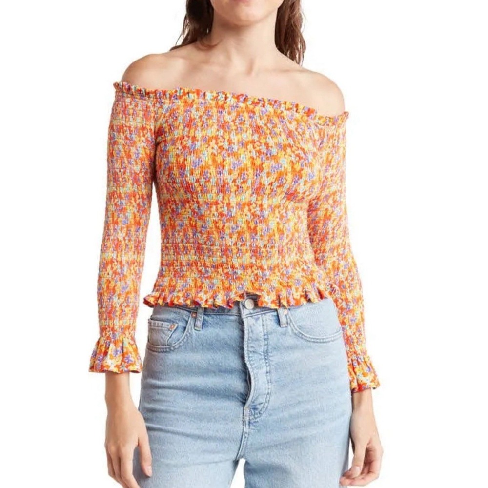 Caroline Constas Felicia‎ Smocked Red Ditsy Floral Off-The-Shoulder Top